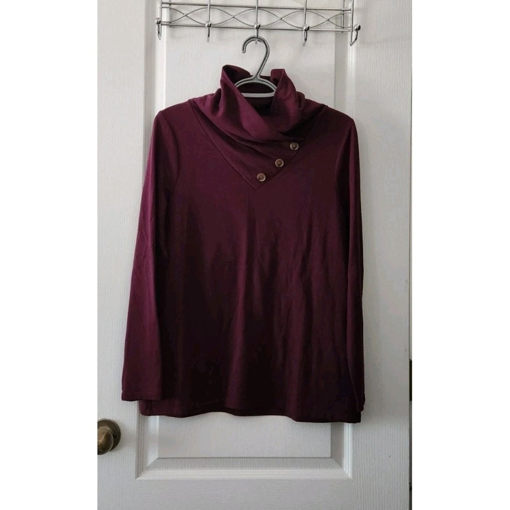 Chico's Women's Cowl Neck Long Sleeve Sweater Button Burgundy Rayon Size M(8)